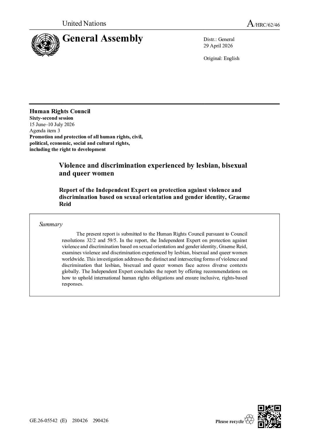 Report of the Independent Expert on protection against violence and discrimination based on sexual orientation and gender identity, Graeme Reid: Violence and discrimination experienced by lesbian, bisexual and queer women 